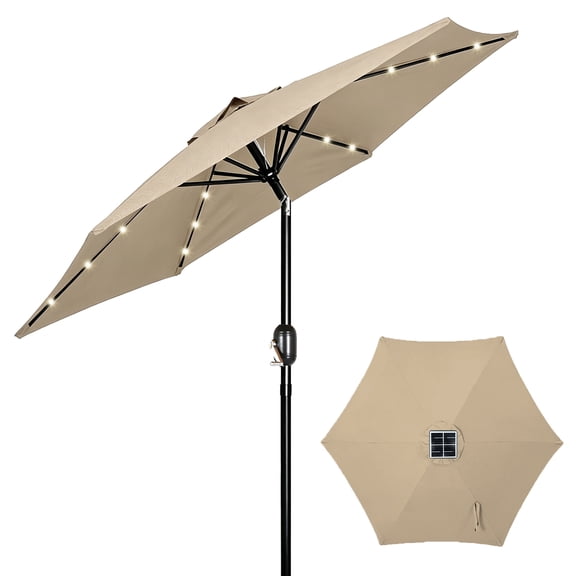 MorTime 7.5 Ft Solar Patio Umbrella, 18 LED Lighted Outdoor Table Market Umbrella 6 Sturdy Ribs with Push Button Tilt and Crank for Garden, Deck, Backyard, Pool and Beach