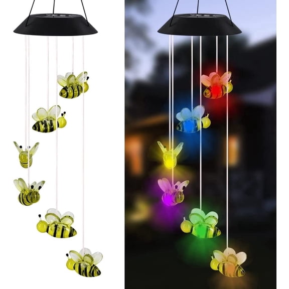 MorTime LED Solar Bee Wind Chime, 25" Mobile Hanging Wind Chime for Home Garden Decoration, Automatic Light Changing Color