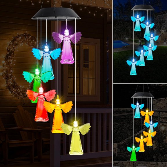 MorTime LED Solar Hummingbird Wind Chime, 25" Mobile Hanging Wind Chime for Home Garden Decoration, Automatic Light Changing Color