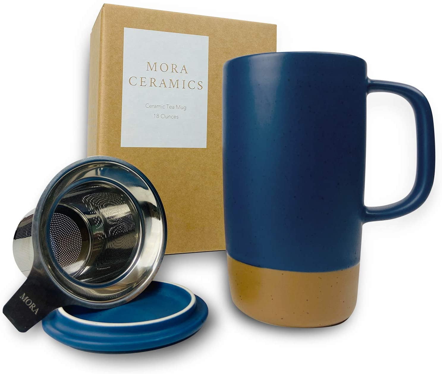 Tall Blue Ceramic Tea Mug with Stainless Steel Infuser and Lid