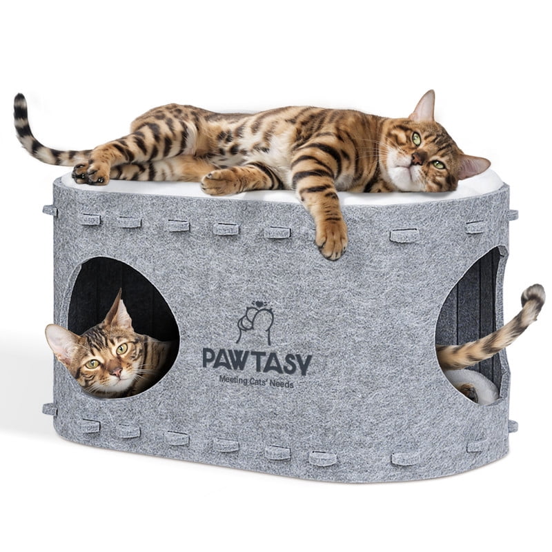 Light Gray Wool Dual-Layer Cat Cave Bed with Washable Cushions