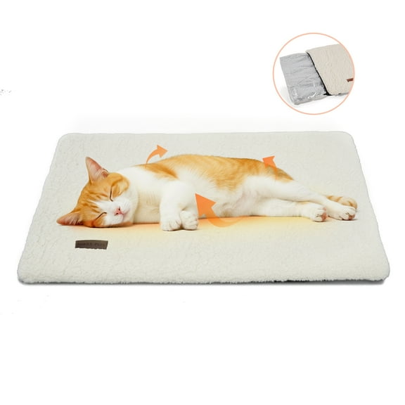 Self Warming Cat Bed for Indoor Cats Fluffy Self Heating Pet Pad with Removable Washable Cover Non Slip Dog Bed for Small Dogs, Beige, 24*18