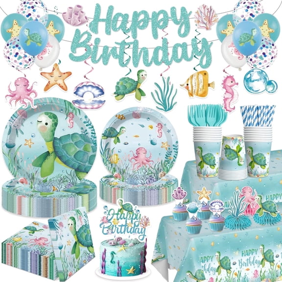 Morabloomy Blue Ocean Party Decorations, All-in-One Sea Turtle Birthday, Includes Banner, Plates, Tablecloth, Cake Toppers, Balloons, for 25 Guests