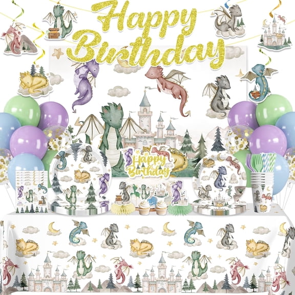 Morabloomy Multicolor Dragon Birthday Party Decorations Tableware Set Serves 25 Guests, Includes Banner, Backdrop, Plates, Tablecloth, Cake Topper