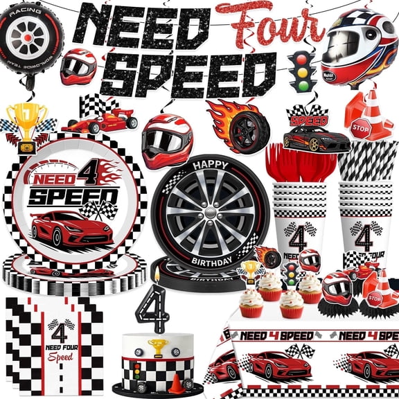 Morabloomy Need Four Speed Birthday Decorations Banner 4th Race Car Cake Topper Racing Balloons Plates and Napkins, Red and Black