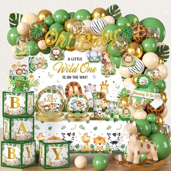 Morabloomy Baby Shower Decorations Tableware Set, Safari Jungle Theme, Boy Green, Serves 30 Guests, 300 Pieces, Disposable