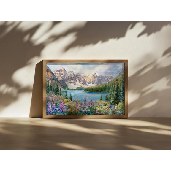 Moraine Lake Banff National Park Canada Spring Wildflower Art Snow Mountain Forest Nature Landscape Botanical Wall Art Poster , Poster Print Only