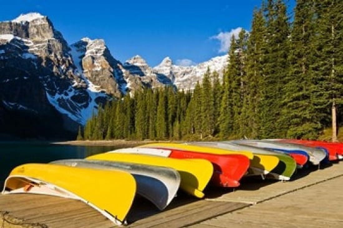 Moraine Lake and rental canoes stacked Banff National Park Alberta Canada Canvas Art - Larry Ditto DanitaDelimont (36 x 24)