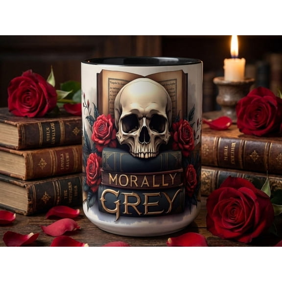 Morally Grey Skull and Roses Ceramic Mug Gothic Book Lover Coffee Cup, Dark Academia Aesthetic Gift for Readers, Fantasy Bookworm Tea Mug for Home or Office Decor