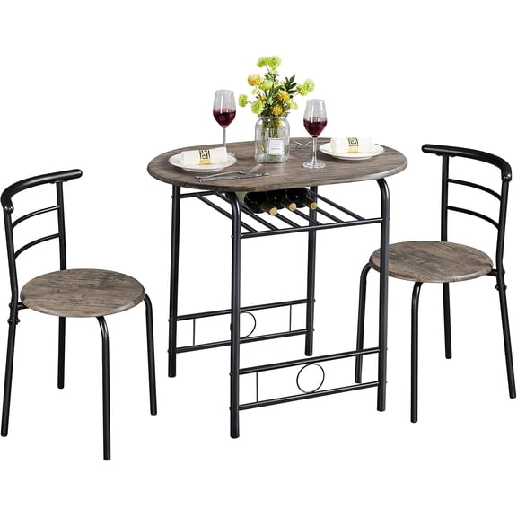 MorandiMal 3 Piece Dining Table Set, Kitchen Table & Chair Sets for 2, Compact Bistro Table Set with Steel Legs, Built-in Wine Rack for Small Space, Apartment, Breakfast Nook, Drift Brown