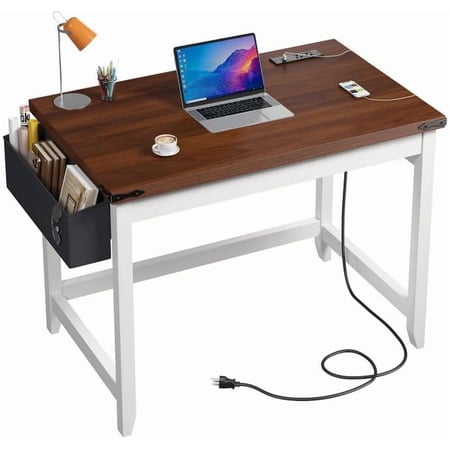 MorandiMal 32 Inch Small Desk with Storage Bag Detachable, Gaming Desk with Power Outlet, Modern Simple Home Office Desk and Writing Desk for Small Spaces, Study Desk for Bedroom, Brown & White