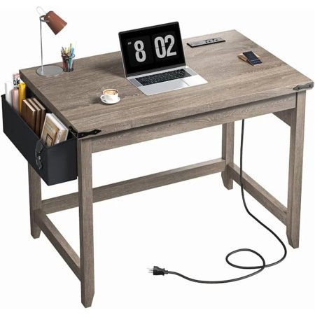 MorandiMal 32" Small Desk Thickened & Reinforced with Power Outlet, Sturdy Computer Desk with Storage Bag Detachable,Affordable Luxury Home Office Desk and Writing Desk for Small Spaces,Ash Gray