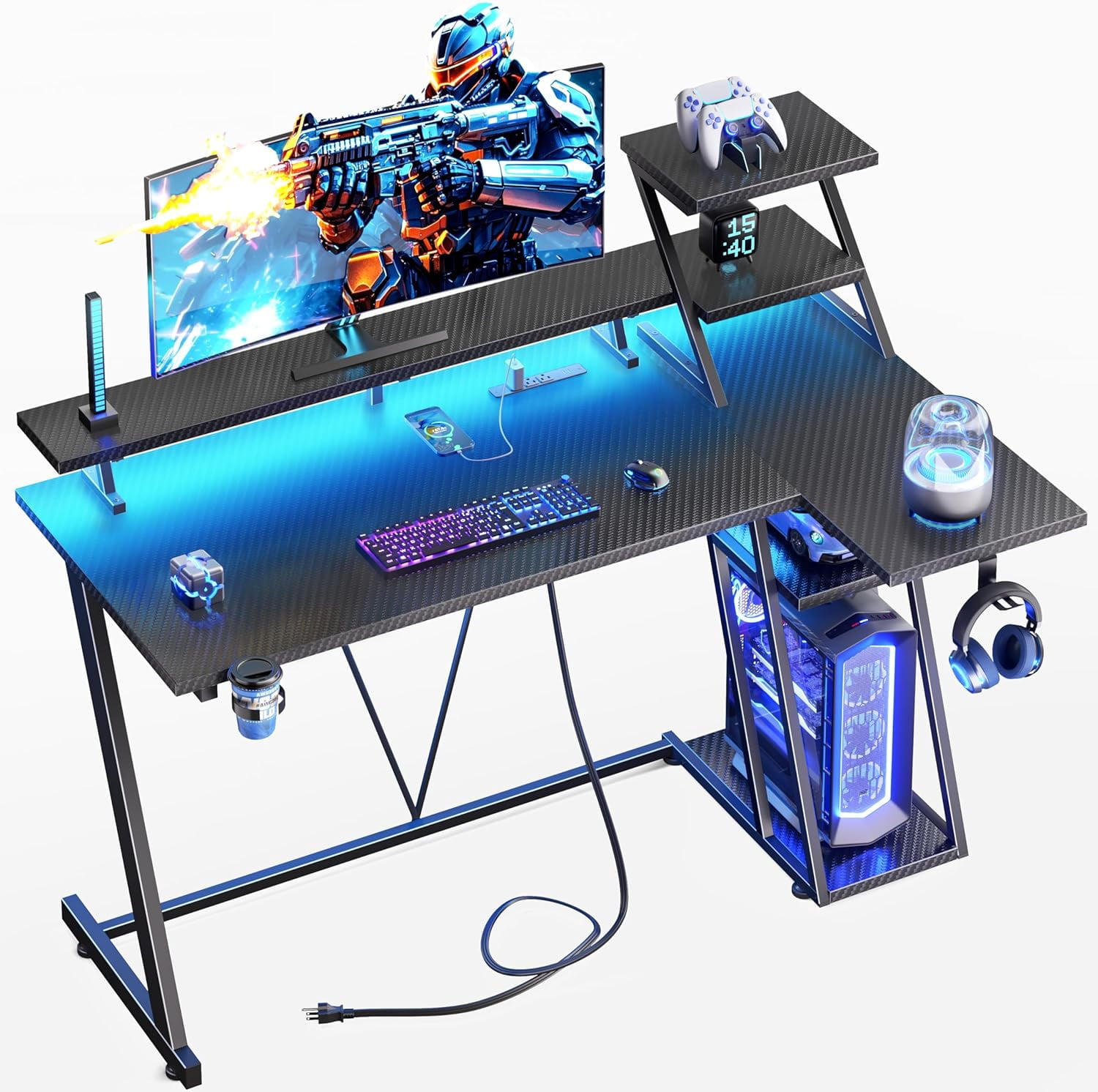 MorandiMal 40 Inch Gaming Desk with LED Lights & Power Outlet, L Shaped Computer Gaming Table with Storage Shelves, Reversible Corner Desk with Monitor Stand for Home Office, Carbon Fiber Black