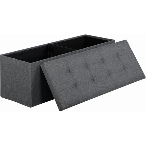 MorandiMal 43 Inches Folding Storage Ottoman Bench, Ottoman Foot Rest, Storage Chest, 660 lbs Load Capacity, End of Bed Bench with Divider for Living Room, Bedroom, Entryway, Linen Fabric, Dark Grey
