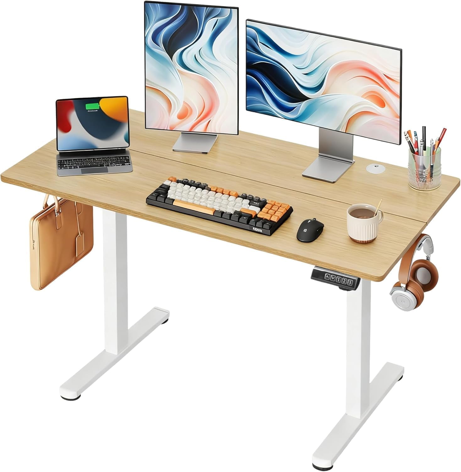 MorandiMal 48 Inch Electric Standing Desk, 3 Adjustable Height Stand up Desk for Home Office, Ergonomic Sit to Stand Desk with LED Touchscreen, Headphone Hook, 3 Memory Preset Computer Desk (Maple)