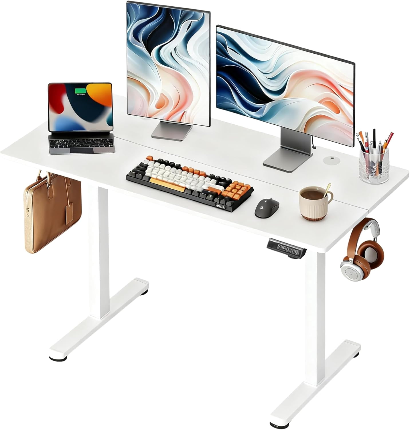 MorandiMal 48 Inch Electric Standing Desk, 3 Adjustable Height Stand up Desk for Home Office, Ergonomic Sit to Stand Desk with LED Touchscreen，Headphone Hook, 3 Memory Preset Computer Desk (White)