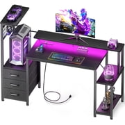 MorandiMal 48 Inch Gaming Desk with LED Lights & Power Outlets,Computer Desk with Fabric Drawers & Side Hook,Reversible Gamer Table with Monitor Stand for Game Room,Home Office,Carbon Fiber Black