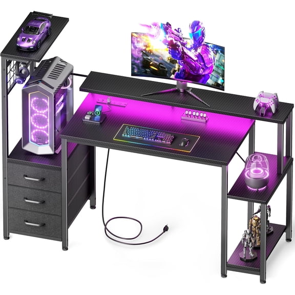 MorandiMal 48 Inch Gaming Desk with LED Lights & Power Outlets,Computer Desk with Fabric Drawers & Side Hook,Reversible Gamer Table with Monitor Stand for Game Room,Home Office,Carbon Fiber Black