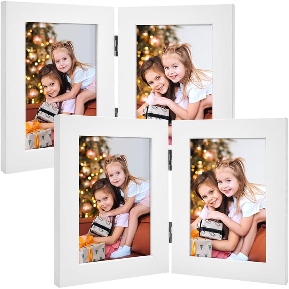 MorandiMal, 4x6 Double Hinged Picture Frame with Glass Front, Engineered Wood Two Photo Frame Collage for Vertical Display, Side by Side Standing Frame (White, 2 Pack)