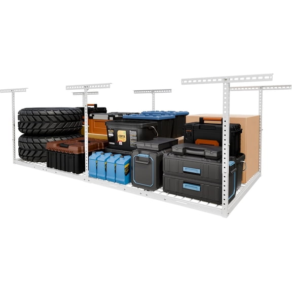 MorandiMal 4x8 Overhead Garage Storage Rack, Adjustable Organization System, Heavy-Duty Metal Ceiling Racks, 750lbs Weight Capacity, White, Classic Series