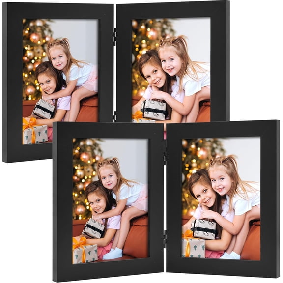 MorandiMal, 5x7 Double Hinged Picture Frame with Glass Front, Engineered Wood Two Photo Frame Collage for Vertical Display, Side by Side Standing Frame (Black, 2 Pack)