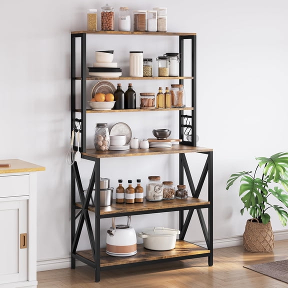 MorandiMal 6-Tier Kitchen Bakers Rack, 31.5 Inch Coffee Bar Table, Farmhouse Microwave Oven Stand Cabinet for Small Spaces, Corner Organizer Storage Shelf for Spices and Pots Rustic Brown