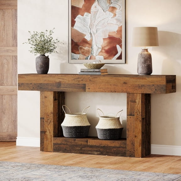 MorandiMal 63-Inch Long Console Table, 2-Tier Entryway Table Sofa Table with Storage, Farmhouse Wood Behind Couch Table for Living Room, Hallway, Rustic Mixed Brown