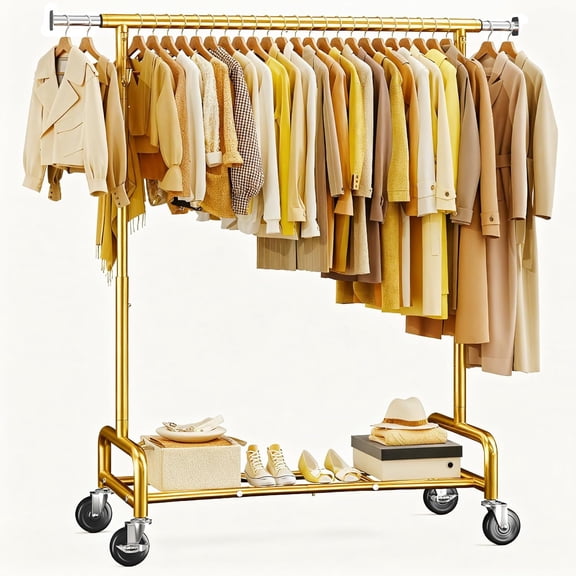 MorandiMal 75" W Heavy Duty Clothes Rack Load 450 LBS, Metal Garment Storage with Shelf, Lockable Wheels & Anti-Slip Stoppers, Rolling Clothing Rack for Bedroom Laundry Room, Gold