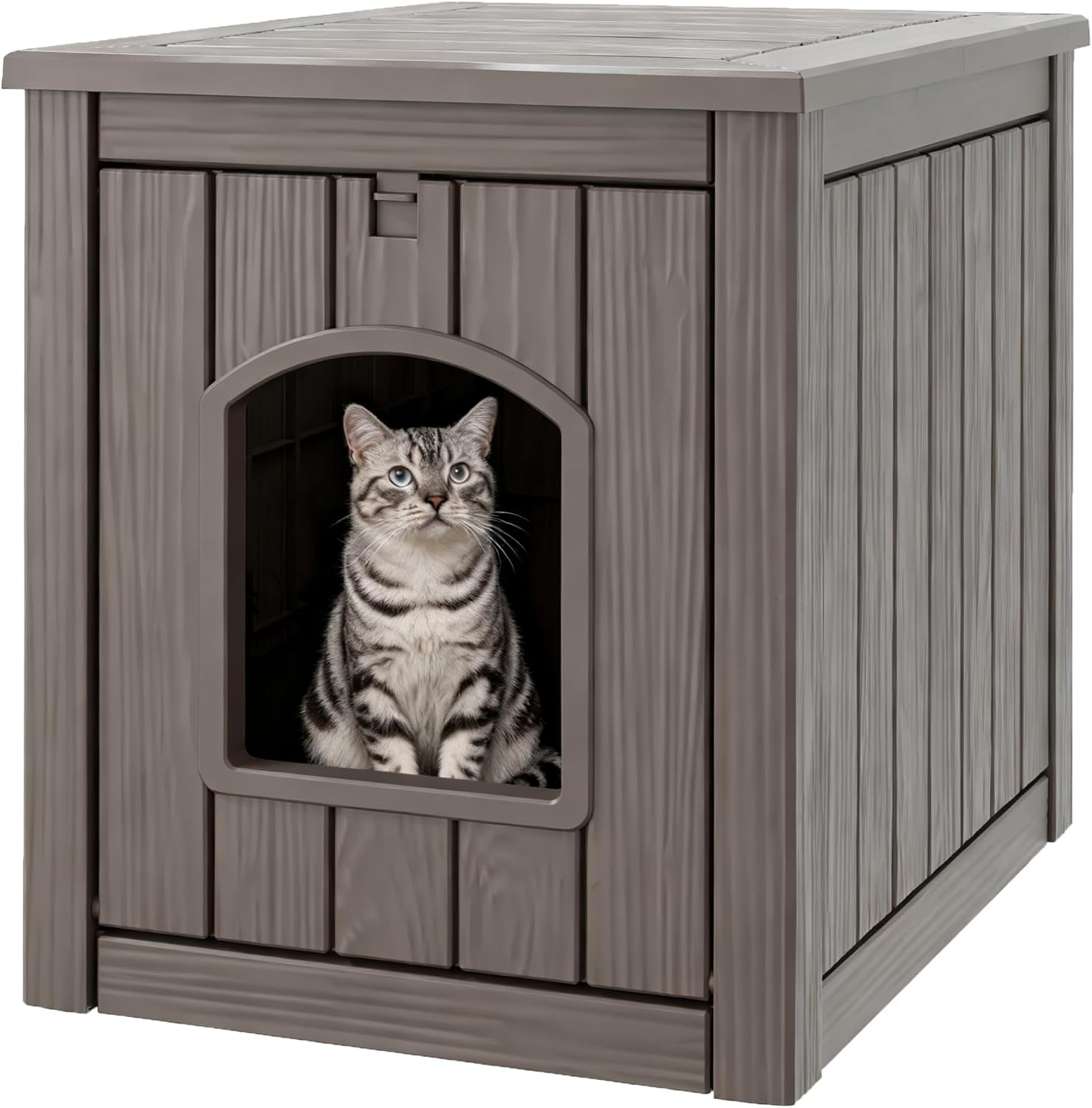 MorandiMal Cat Litter Box Enclosure, Plastic Hidden Litter Box Side Table with Openable Front Door, Waterproof & Weatherproof Cat House for Indoor & Outdoor Use (Gray)