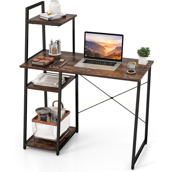 MorandiMal Computer Desk with Shelves, Space Saving Home Office Desk with 3-Tier Ladder Shaped Storage Bookshelf,Modern Writing Study Desk with Metal Frame,Compact Computer Workstation (Rustic Brown)