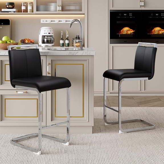 MorandiMal Counter Height Bar Stools Set of 2,25'' Bar Stools for Kitchen Island,Black Barstools with Back,Metal Barstools with Silver Chrome Metal Leg,Counter Height Chairs for Pub Kitchen Counter