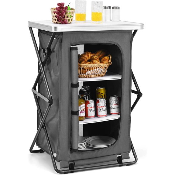 MorandiMal Folding Camping Storage Cabinet with 3 Shelves and Carry Bag, Portable Outdoor Organizer Kitchen Table, Quick Set-up for BBQ, Picnic, Backyard, Compact Pop-Up Cupboard, 35''H