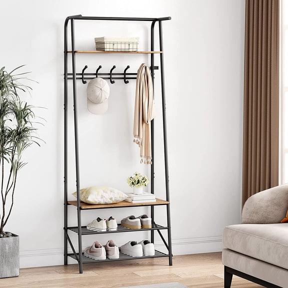 MorandiMal Hall Trees Entryway Bench with Storage, Multifunctional Hallway Organizer, Wood Look Accent Furniture with Metal Frame (Black, 5 hooks-25.2 in)