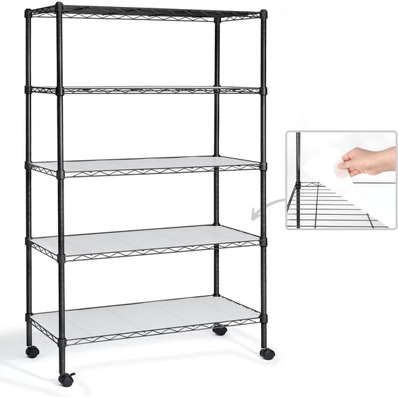 MorandiMal NSF Adjustable Height Wire Shelving Unit w/Liner, Basement Storage Shelving, Metal Steel Storage Shelves, Garage Shelving Storage Organizer, Utility Shelf, 5-Tier W/Wheels W/Liners, Black