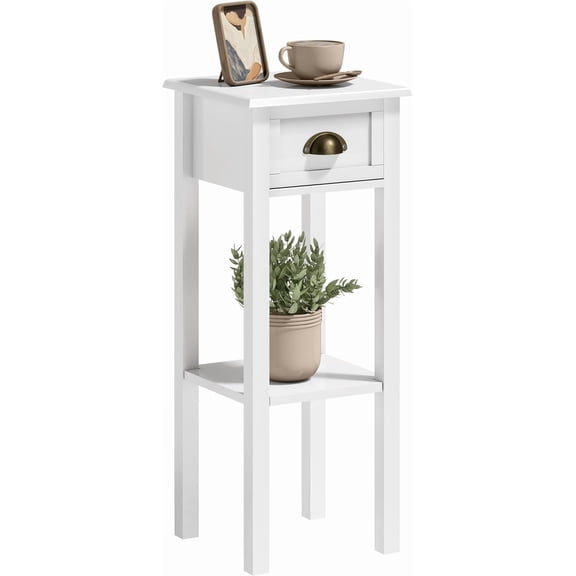 MorandiMal Narrow End Table with Drawer and Bottom Shelf, Slim Side Table for Small Spaces, Skinny Modern Space-Saving Accent Desk for Living Room, Set of 1, White