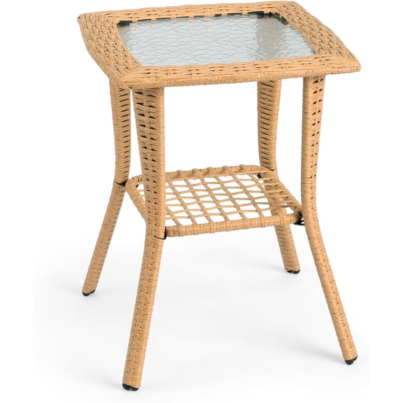 MorandiMal Outdoor Side Table with Storage Wicker Patio Side Table, Tempered Glass Top End Table for Balcony Porch Deck (Beige)