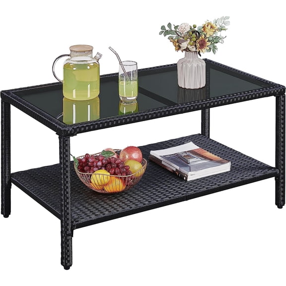 MorandiMal Outdoor Wicker Coffee Side Table, All-Weather Rattan Patio Storage Furniture with Tempered Glass Top for Garden, Black