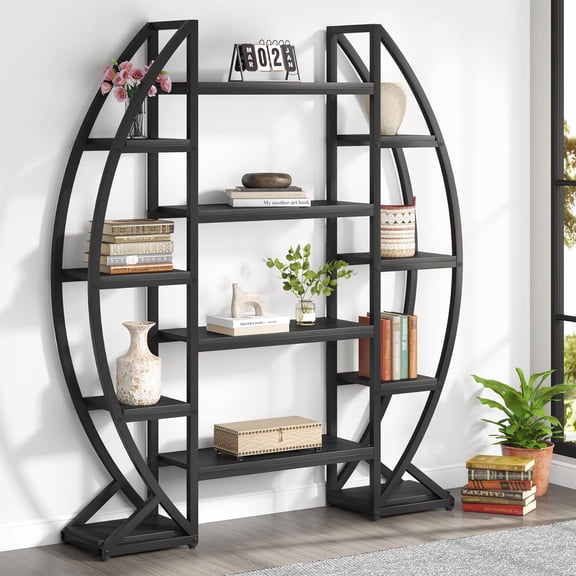MorandiMal Oval Bookshelf, Triple Wide 5 Tiers Etagere Bookcases, Industrial Display Shelves for Living Room (55", Black)