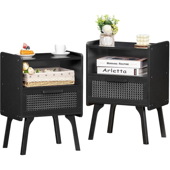 MorandiMal Rattan Nightstands Set of 2, Boho Side Table with Drawer Open Shelf, Cane Accent Bedside End Table with Solid Wood Legs for Bedroom, Dorm and Small Spaces (Black)