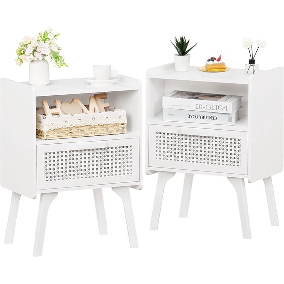 MorandiMal Rattan Nightstands Set of 2, Side Table with Drawer Open Shelf, Cane Accent Bedside End Table with Solid Wood Legs,Mid Century Modern Night Stand for Bedroom, Dorm and Small Spaces (White)