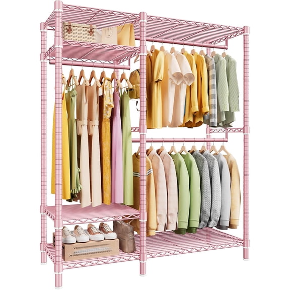 MorandiMal Raybee Clothes Rack with Shelves, Heavy Duty Loads 780LBS, Space-Saving | Adjustable 3 Rods&4 Shelves, Steel,Freestanding Closet Organizers,Tool-Free Assembly,For Apartment, Bedroom, Pink