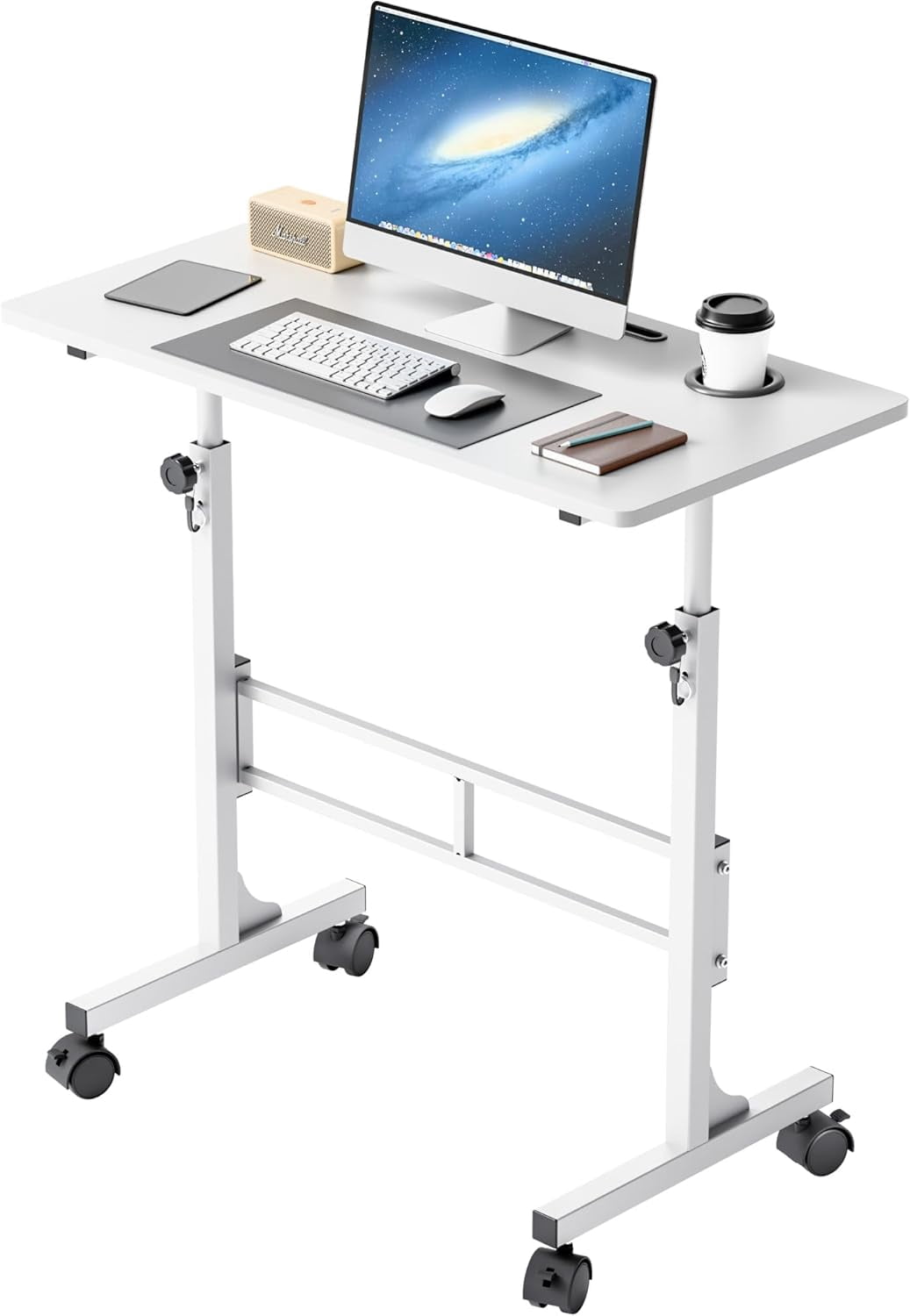 MorandiMal Small Portable Standing Desk Adjustable Height, Mobile Stand Laptop Computer Workstation with Lockable Wheels for Walking Pad Treadmill (White)