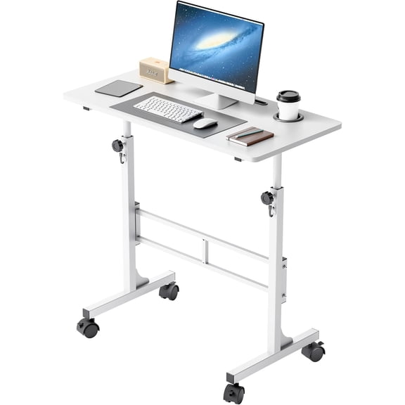 MorandiMal Small Portable Standing Desk Adjustable Height, Mobile Stand Laptop Computer Workstation with Lockable Wheels for Walking Pad Treadmill (White)