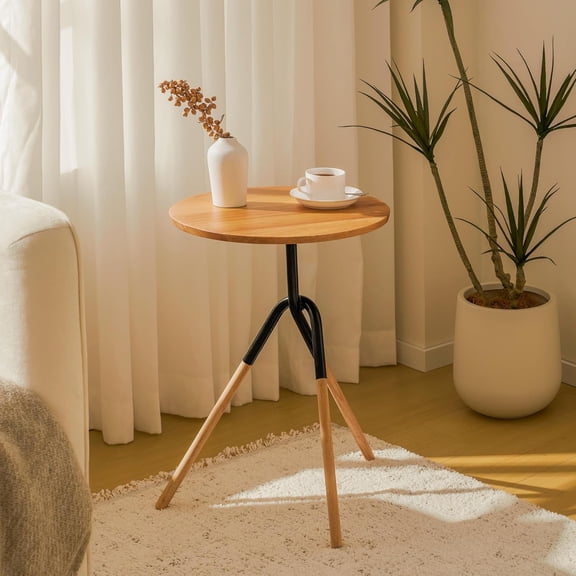MorandiMal Small Round Side Table, Modern Solid Wood End Table with FSC Certified Wood & Knotted Metal Frame, Small Accent Couch Sofa Side Table for Living Room Bedroom, Oak
