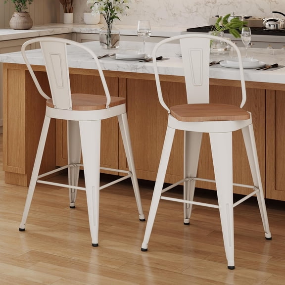 MorandiMal Swivel Metal Bar Stools 26 inch Swivel Counter Height Barstools Set of 2 Modern Farmhouse Bar Chairs with High Backs and Large Wooden Seat for Kitchen Island Dining Room Cream White