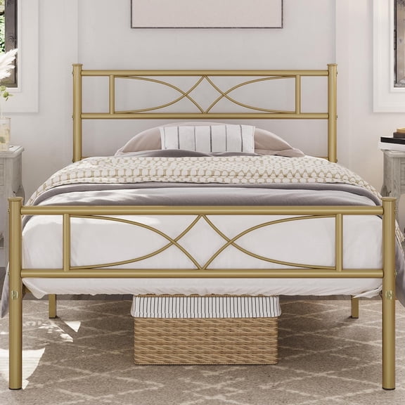 MorandiMal Twin Metal Bed Frame, Platform Bed Frame, Mattress Foundation with Curved Design Headboard & Footboard, Heavy-Duty Support, Easy Assembly, Twin, Antique Gold