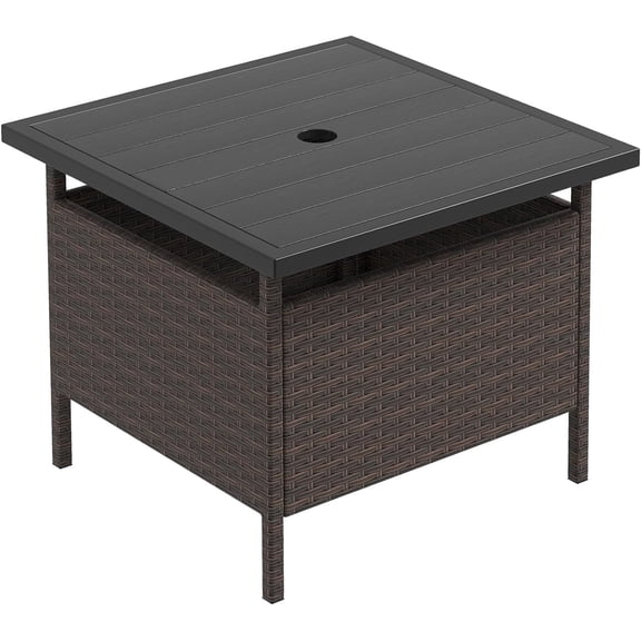 MorandiMal Umbrella Table, Outdoor Side Table with 2" Umbrella Hole, Rattan Umbrella Stand Holder, Heavy Duty Metal Frame, Patio Bistro Table for Deck Garden Poolside, Mix Brown (HDPE Tabletop)