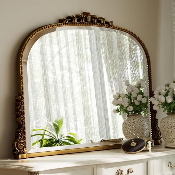 MorandiMal Wall Beaded Mirror, 44 x 32 Inch Round Top Right Angle Wall Mirror, Tempered Glass, Rust Resistant, Horizontally or Vertically Hanging, Gold