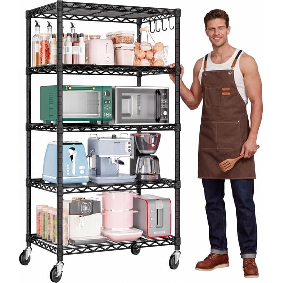 MorandiMal Wire Shelving Unit with Wheels, 5 Tier Adjustable NSF Certified Heavy Duty Metal Storage Shelves, Pantry Organizer Shelf Rolling Bakers Rack for Closet Garage, 24" W x 18" D x 75" H, Black