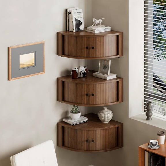 MorandiMalCorner Shelves Wall Cabinet Set of 3, Floating Corner Shelf Organizer with Sliding Doors, Fluted Wall Cabinet for Living Room, Bedroom, Office, Small Space, Walnut (Curved, 15.74)